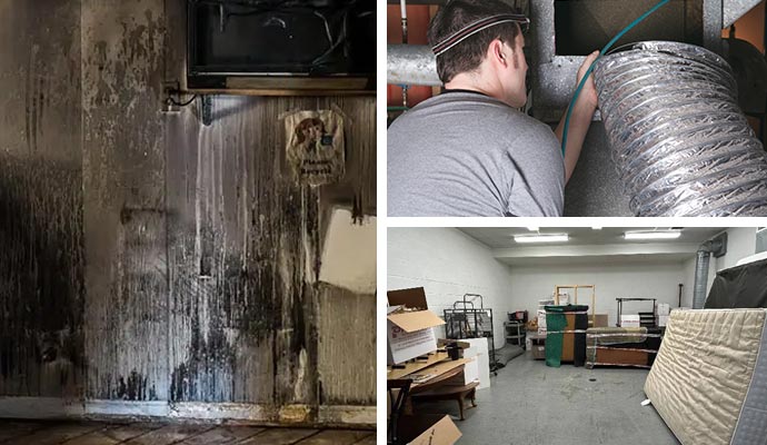 Collage of smoke damaged wall, a person removing duct smoke and restored contents