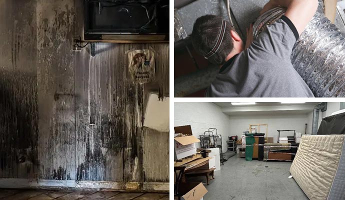 Collage of smoke damaged wall, duct system cleaning and content restoration