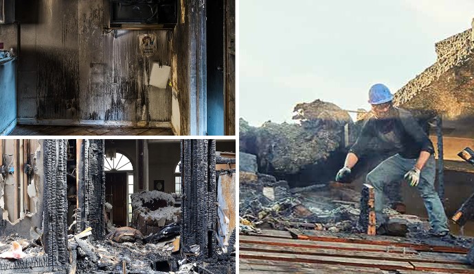 Collage of smoke, fire-damaged room and fire damaged restoration