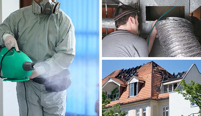 Collage of smoke odor removal, duct cleaning, and fire damaged house