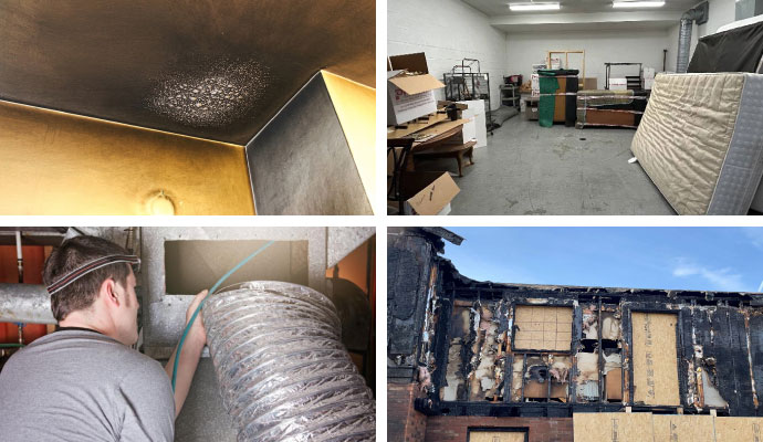 Collage of soot damaged ceiling, restored contents in storage unit, duct cleaning and fire damaged house exterior