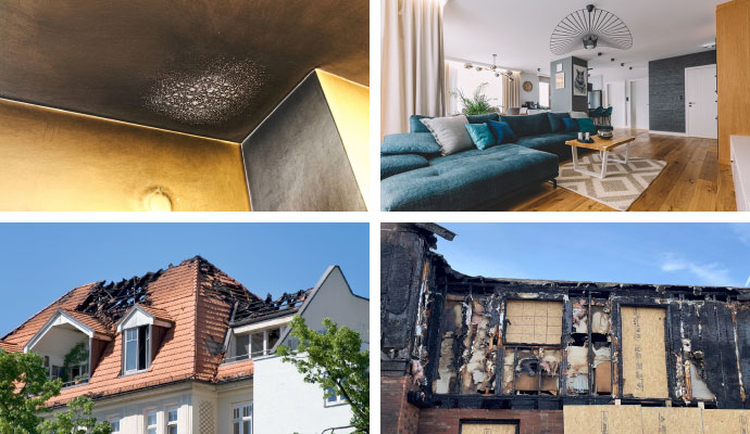 Collage of soot damaged ceiling, clean living room after smoke odor removal service, fire-damaged residential house, and structural fire damage