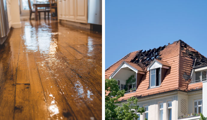 Collage of water and fire damaged residential property