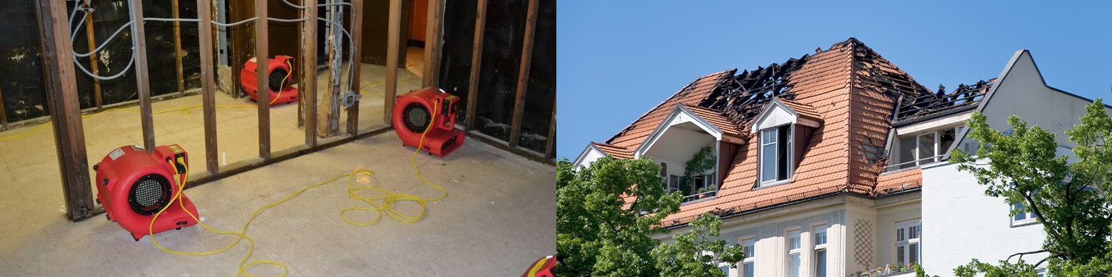 Collage of water damage restoration and fire damaged house roof banner