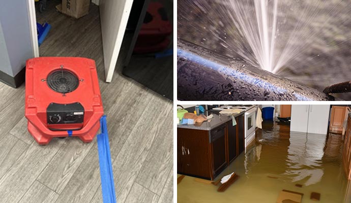 Collage of water damage restoration, broken water pipe and flood damaged floor