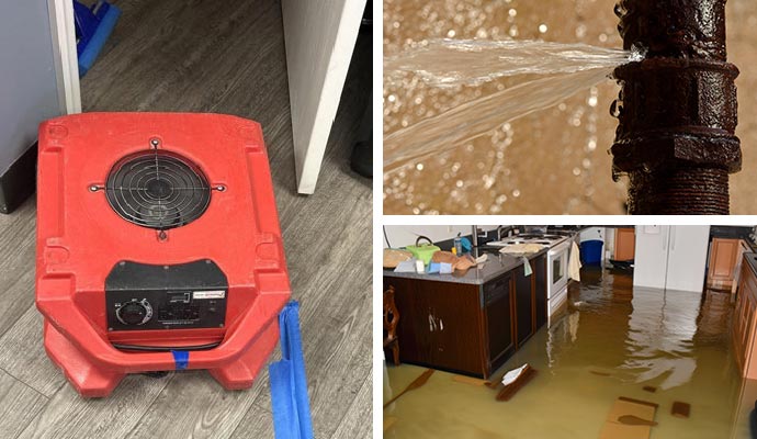 Collage of water damage restoration equipment, broken water pipe and flood damaged floor