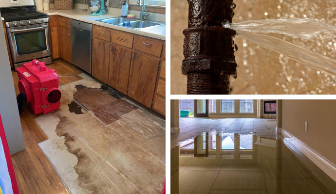 Collage of water damage restoration, water spraying from broken pipe and water damaged floor