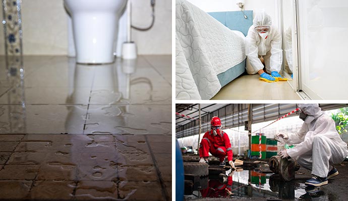 Collage of water damaged bathroom floor, trauma cleanup and chemical spills cleanup service