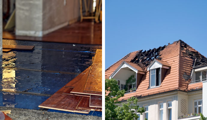 Collage of water damaged wooden floor and fire damaged property