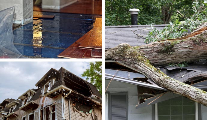 Collage of water, fire, and storm damaged property