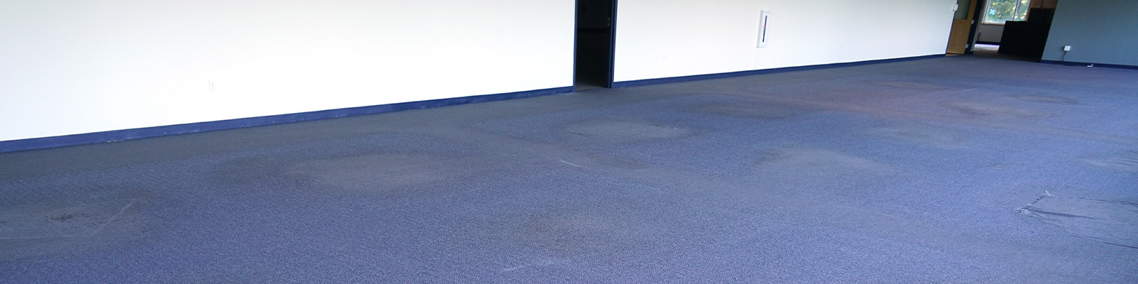 Commercial floor area with worn and stained blue carpet
