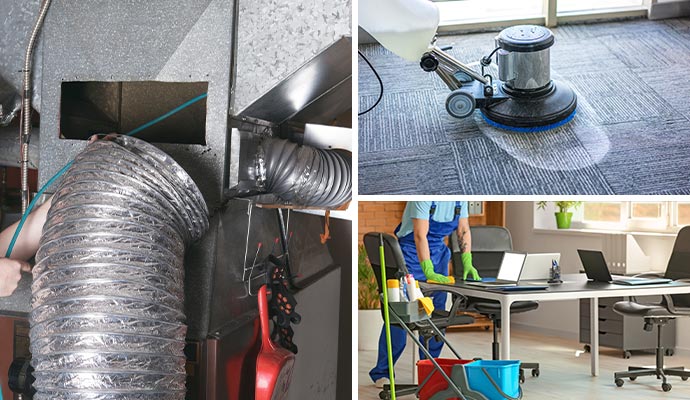 Collage of air duct, carpet, and office cleaning services