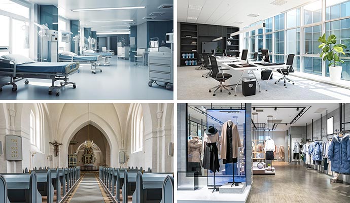 Collage of hospital, office, church, and retail store