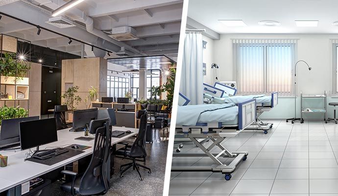 Collage of office and hospital interiors Collage of office and hospital interiors