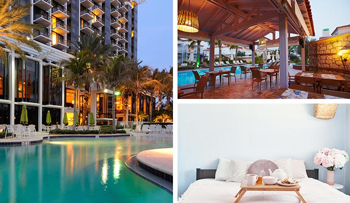 Collage of pool area and hotel interiors