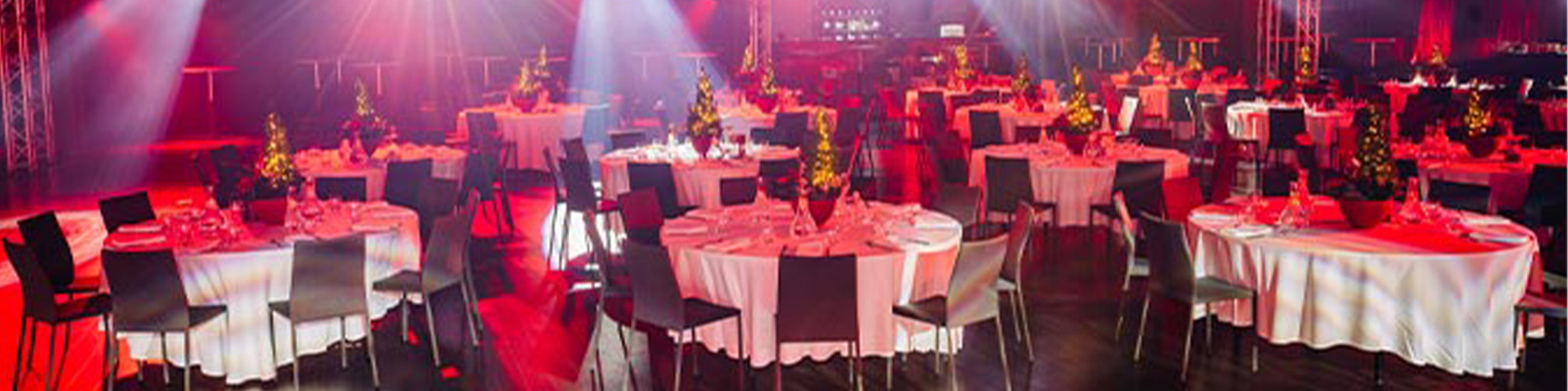 Party hall center with organized tables banner