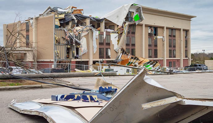 Building severely damaged by a storm