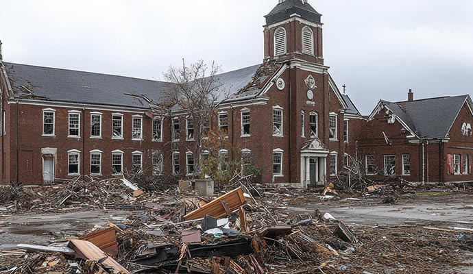 Storm-damaged school exterior