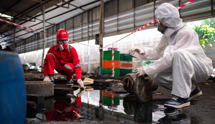 Two professionals cleaning chemical spills
