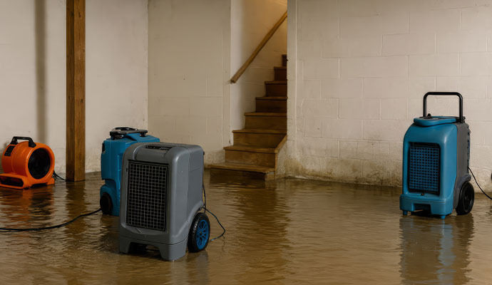 Dehumidifiers and an air mover set up in a basement with standing water