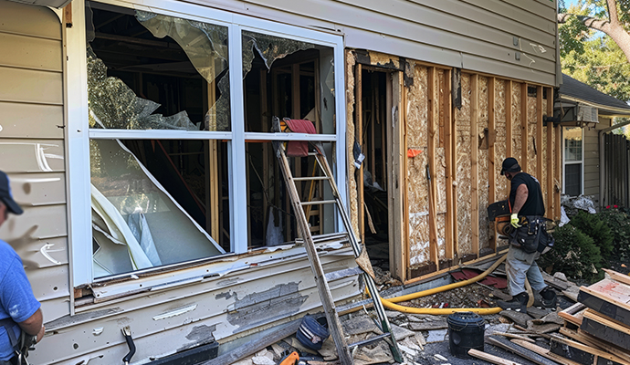 Disaster damage residential house restoration in progress