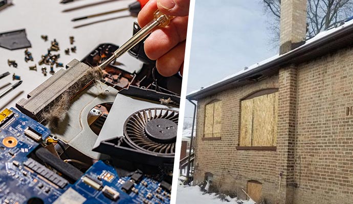 Collage of electronic cleaning and board-up house