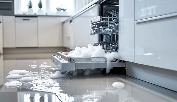 A dishwasher in a modern kitchen overflowing with suds