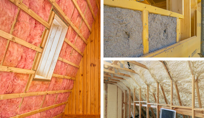 Fiberglass, cellulose, and spray foam insulation replaced in wood framing after fire damage