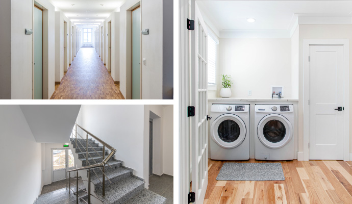 Collage of apartment building shared areas including a hallway, stairwell, and laundry room
