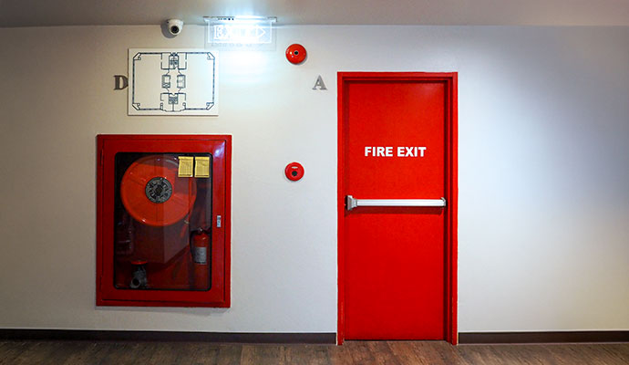 Building fire exit door and evacuation map