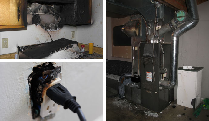 Collage showing common apartment fire causes including a kitchen stove fire, burned electrical outlet, and damaged furnace