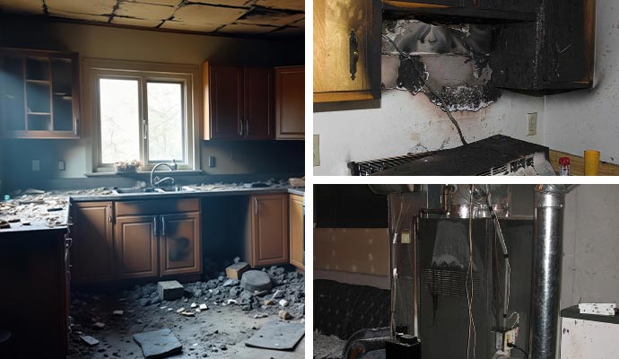 Collage of fire-damaged properties