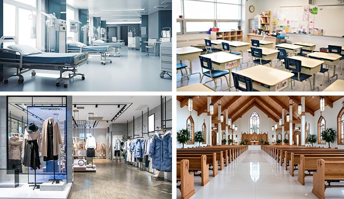 Fire damage restoration on Health Care, Schools, Retail Stores and Churche.