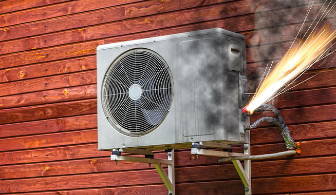 Electrical sparks from the side panel of an outdoor air conditioning condenser unit mounted on a wooden wall