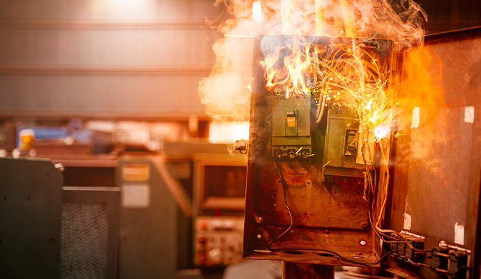 Fire burning an open electrical box