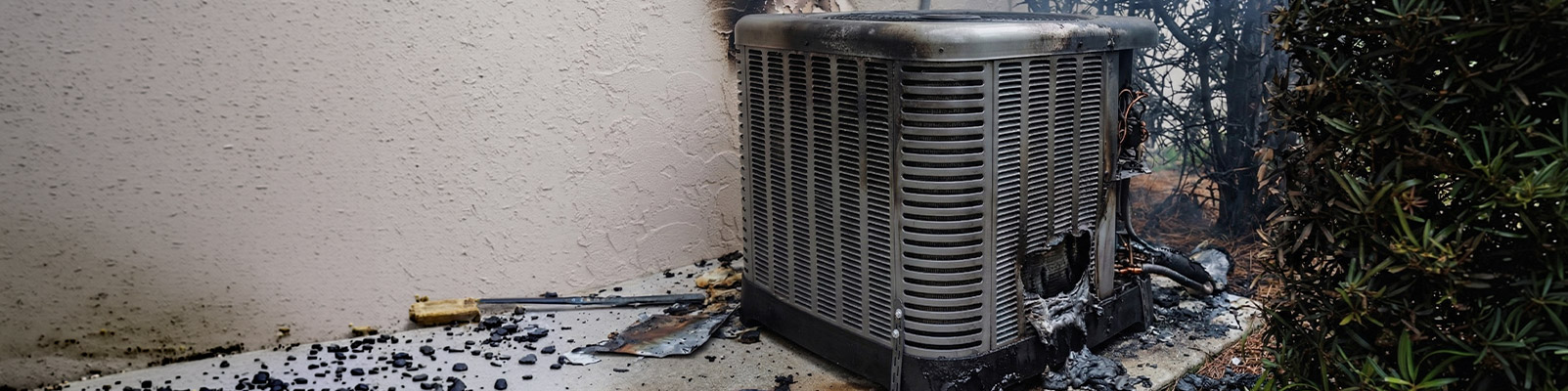 Fire damaged outdoor HVAC unit