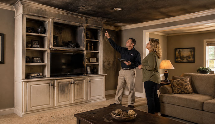 Inspector assessing fire and soot damage with homeowner