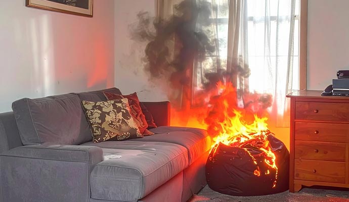Fire erupting from a bean bag chair in a living room.