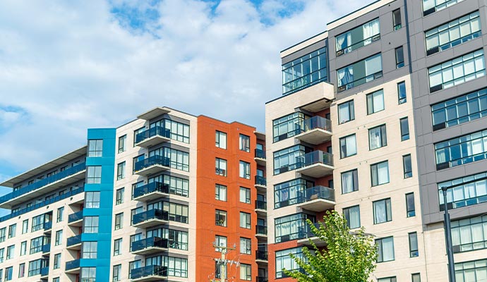 Exterior view of modern multi-unit residential apartment buildings