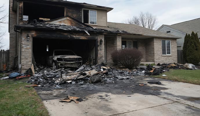 Residential House Fire Damage with Burnt Garage