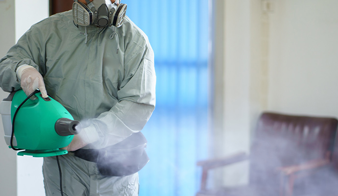 Restoration technician wearing a respirator and using a fogging machine to remove smoke odor in a room