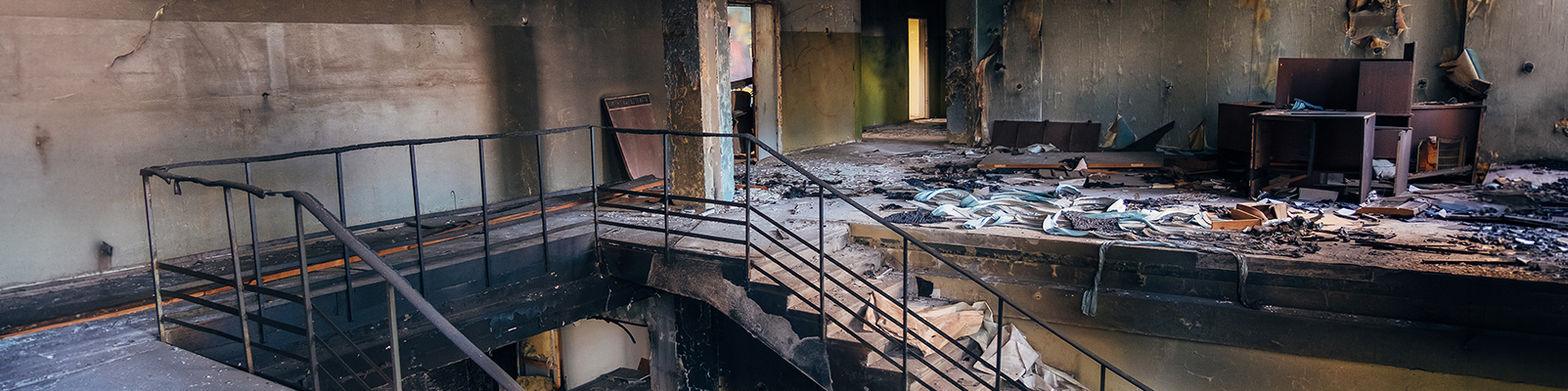 Fire-damaged commercial building interior