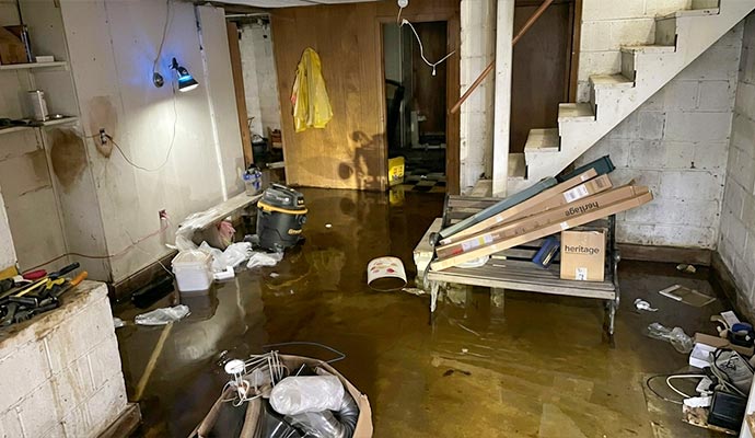 Flooded basement with standing water, soaked boxes, and scattered belongings