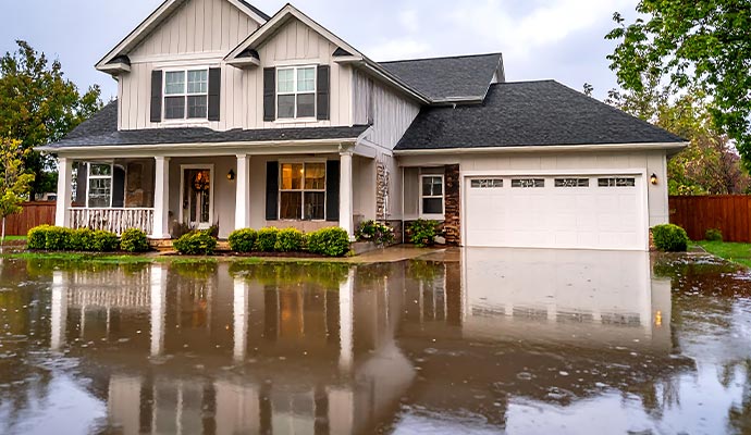 Flooded home  exterior with water entering the garage