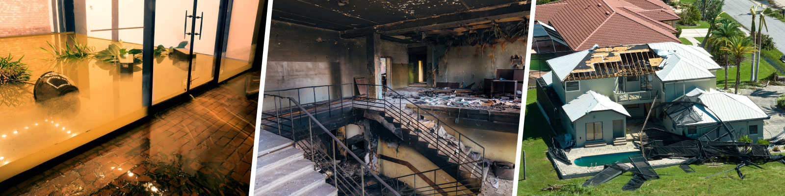 Flooded storefront, soot damaged interior and storm damaged house