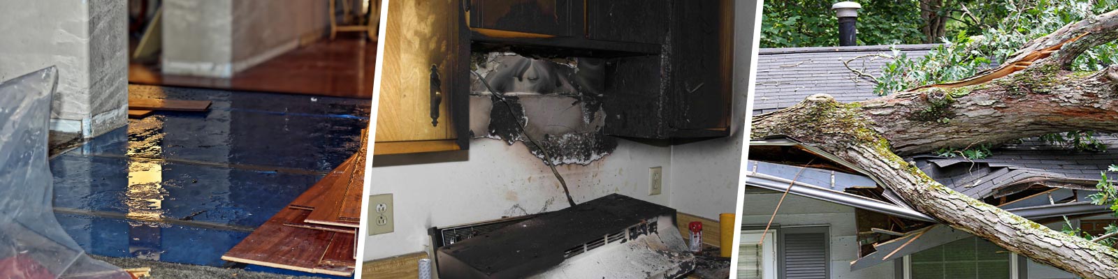 Flooded subfloor soot damaged kitchen and fallen tree on roof