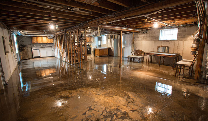 Unfinished basement with standing water covering the concrete floor