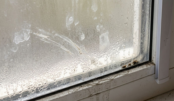Foggy window with visible dust