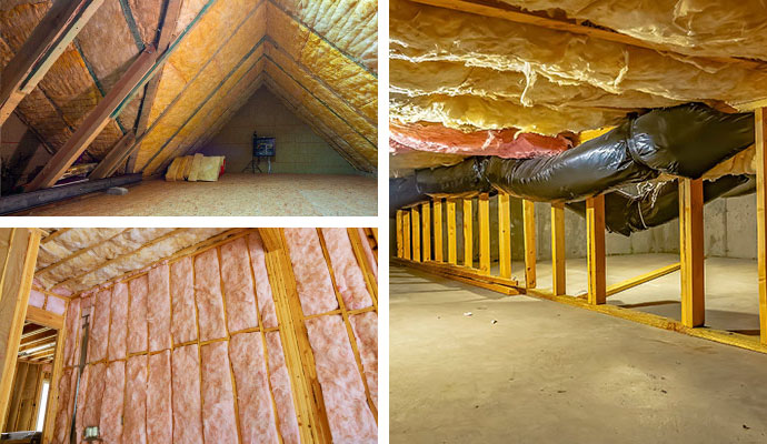 Insulation installed in an attic, wall framing, and a crawlspace