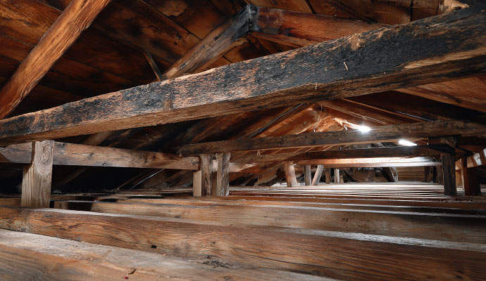 Moisture damaged wooden rafters and floor joists on attic